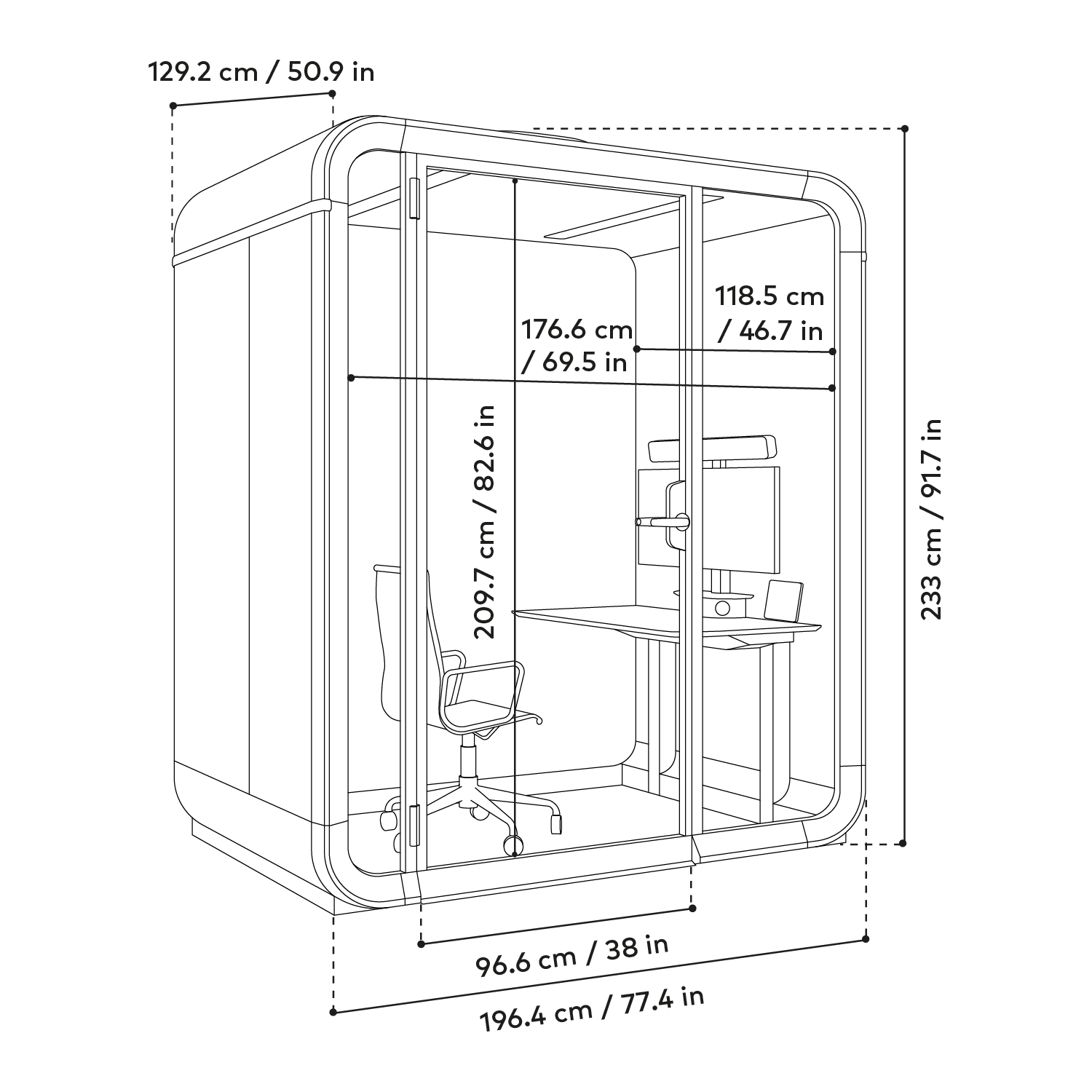 Blueprint-style technical diagram of a Framery One Work workstation pod with multiple dimension lines and annotations in metric and imperial units.