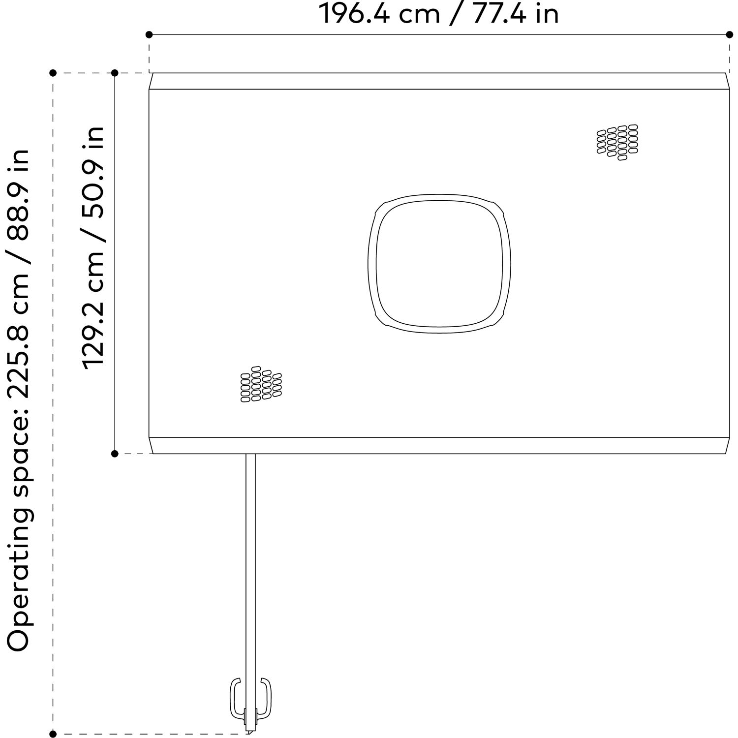 Line drawing of Framery One Work workstation pod operating space from top view.