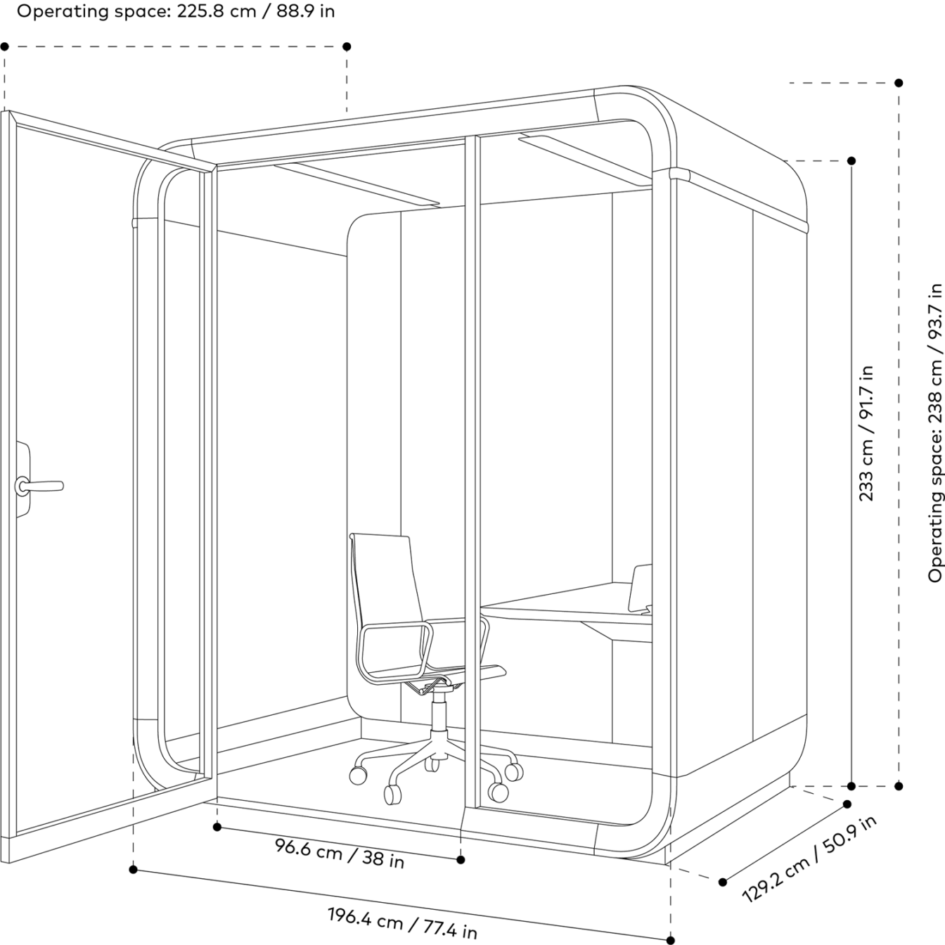 Line drawing of Framery One Work workstation pod operating space from front view.