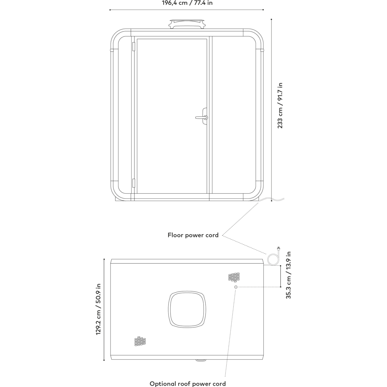 Technical drawing of a Framery One Work worsktation pod and its power cord dimensions.