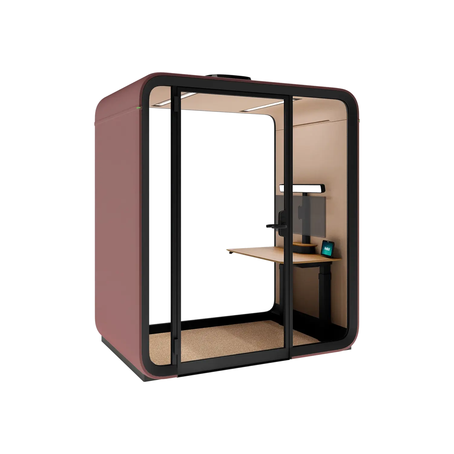A compact, blush exterior private Framery One Work worstation pod with a wooden desk inside.