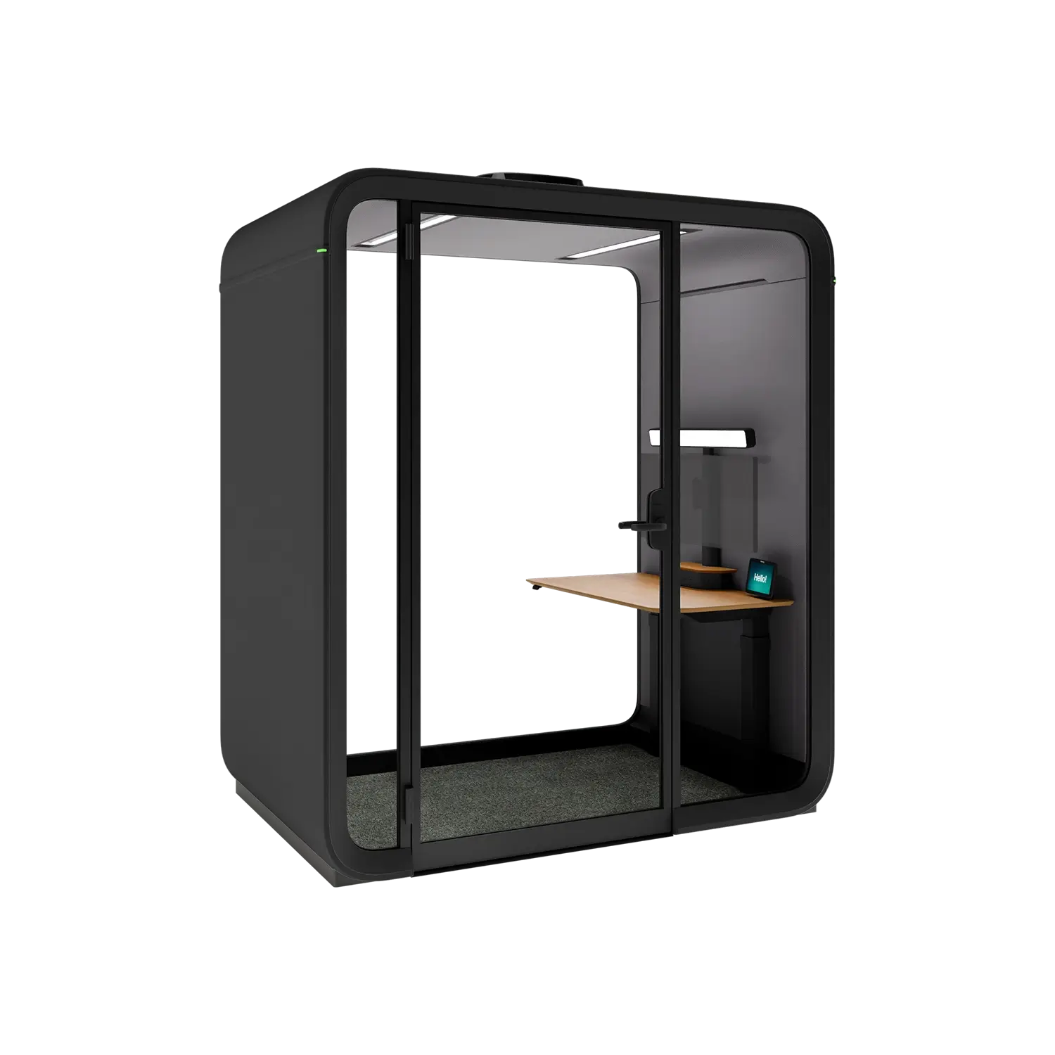 A compact, grey exterior private Framery One Work worstation pod with a wooden desk inside.