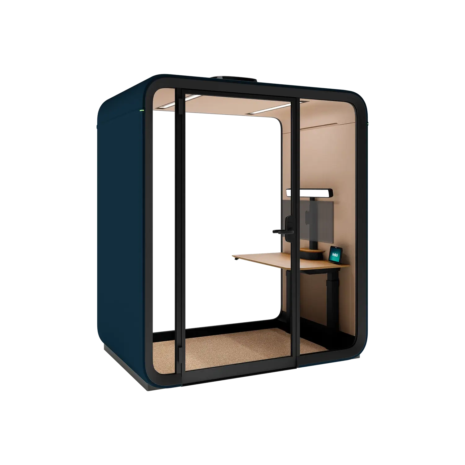 A compact, navy exterior private Framery One Work worstation pod with a wooden desk inside.