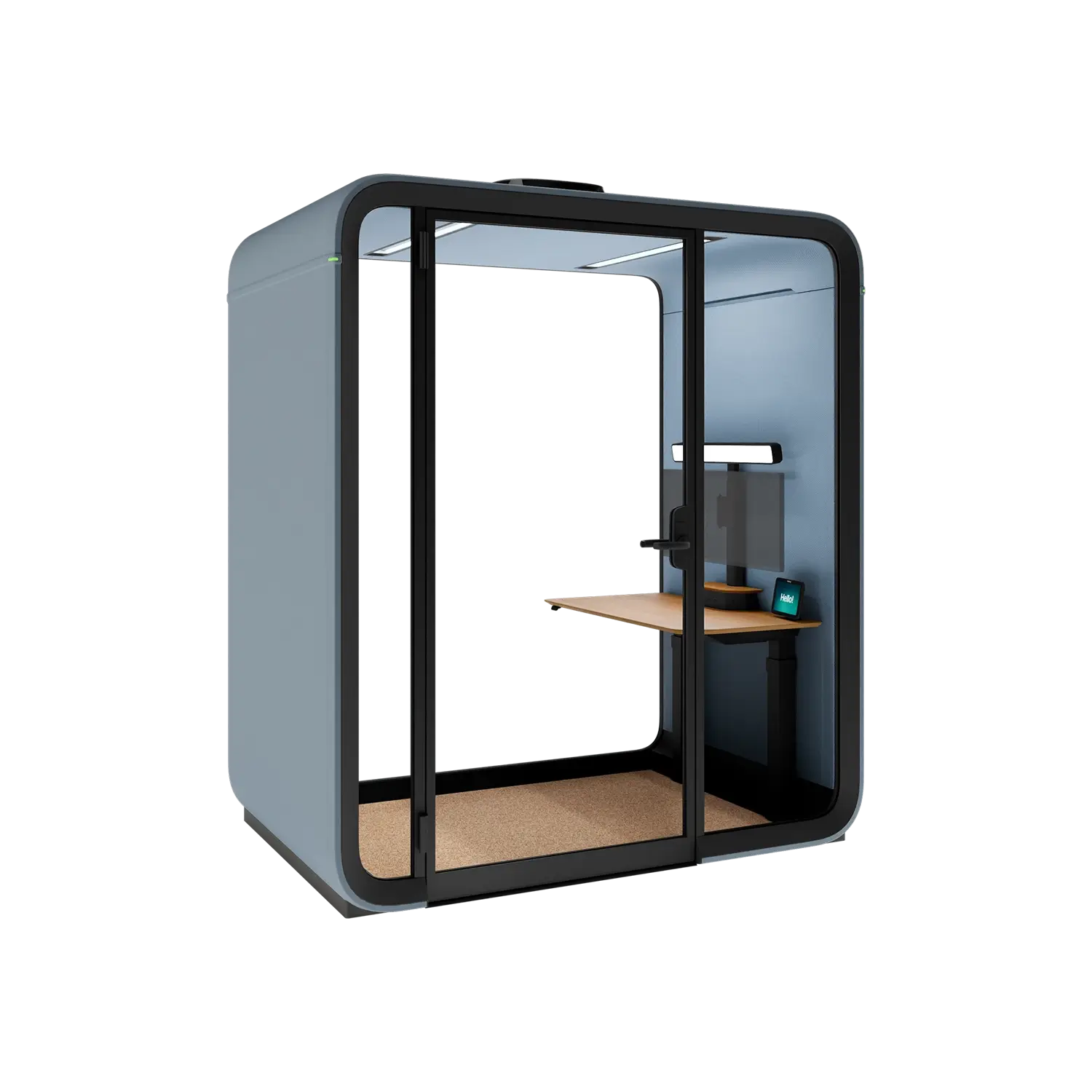 A compact, powder blue exterior private Framery One Work worstation pod with a wooden desk inside.