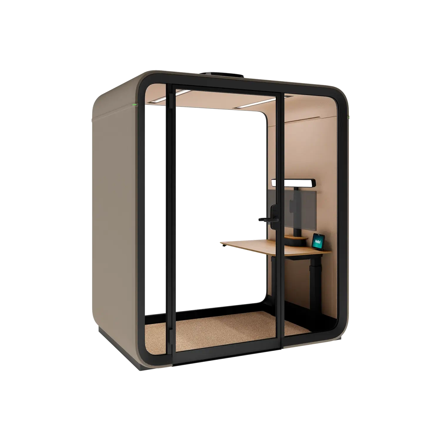 A compact, sand exterior private Framery One Work worstation pod with a wooden desk inside.
