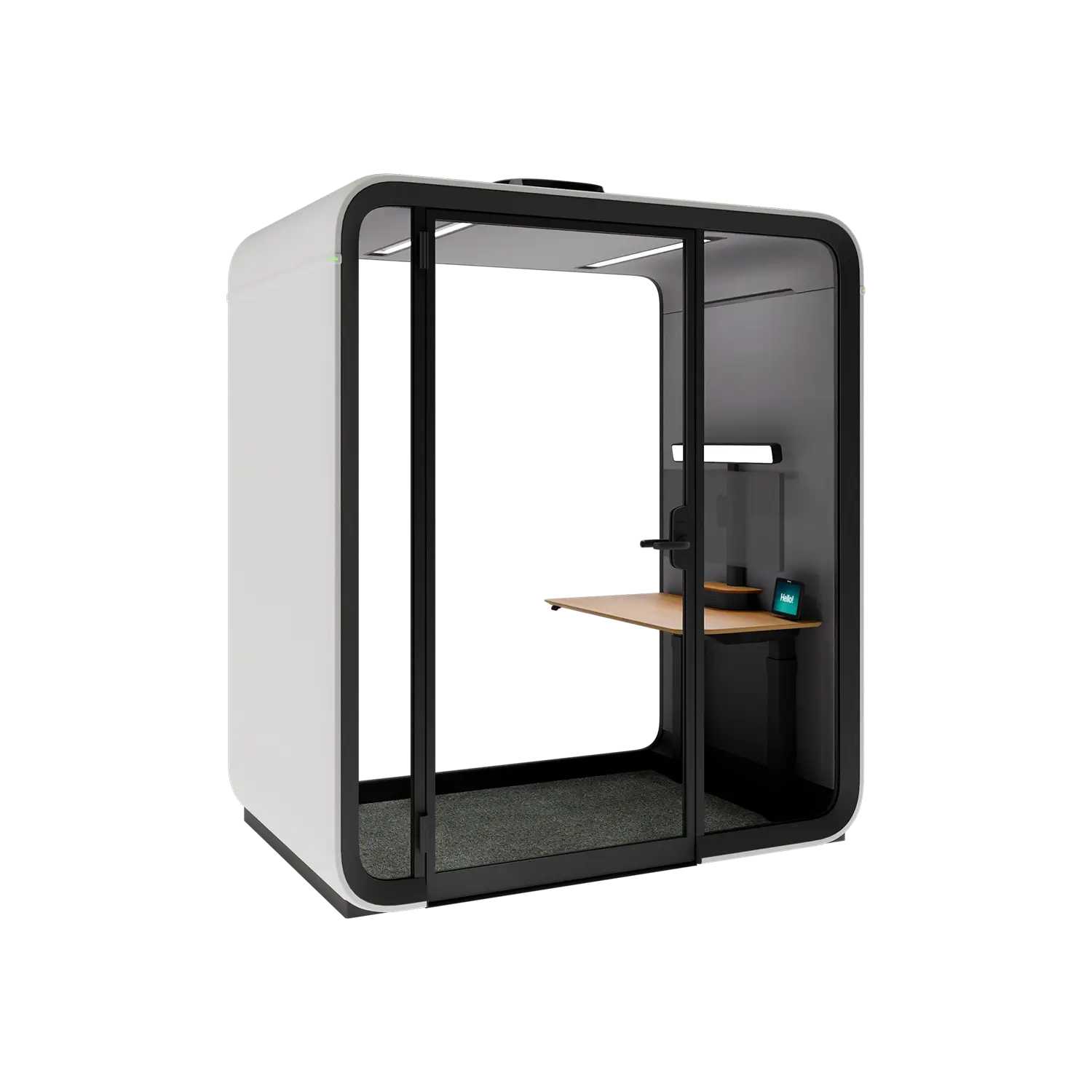 A compact, glass-front, white framed private Framery One Work worstation pod with a wooden desk inside.