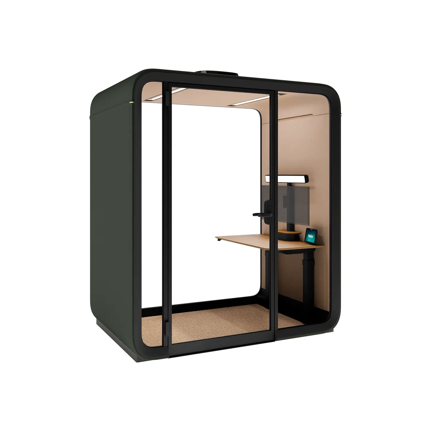 A compact, winter moss exterior private Framery One Work worstation pod with a wooden desk inside.