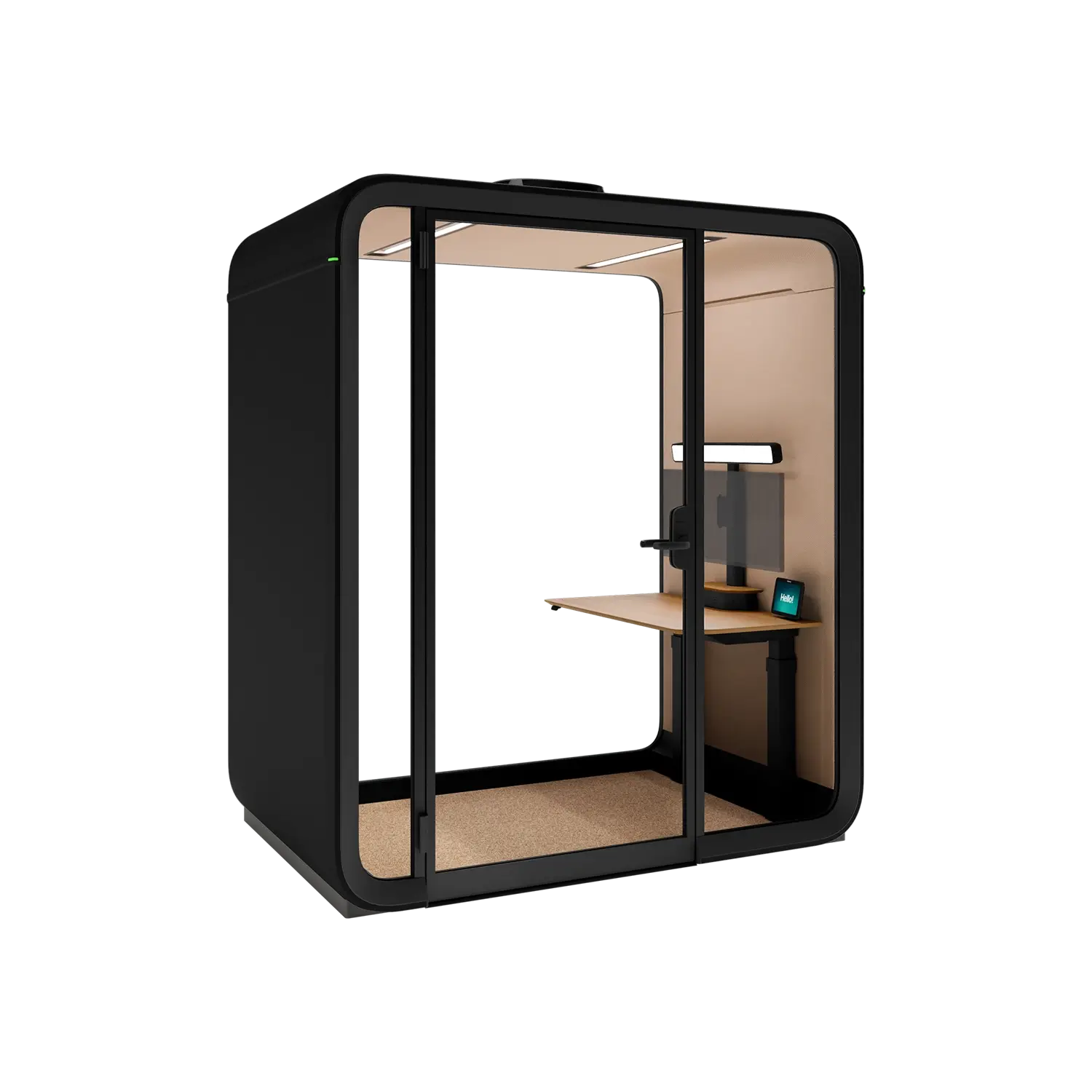 A compact, black, glass-front private Framery One Work worstation pod with a wooden desk inside.
