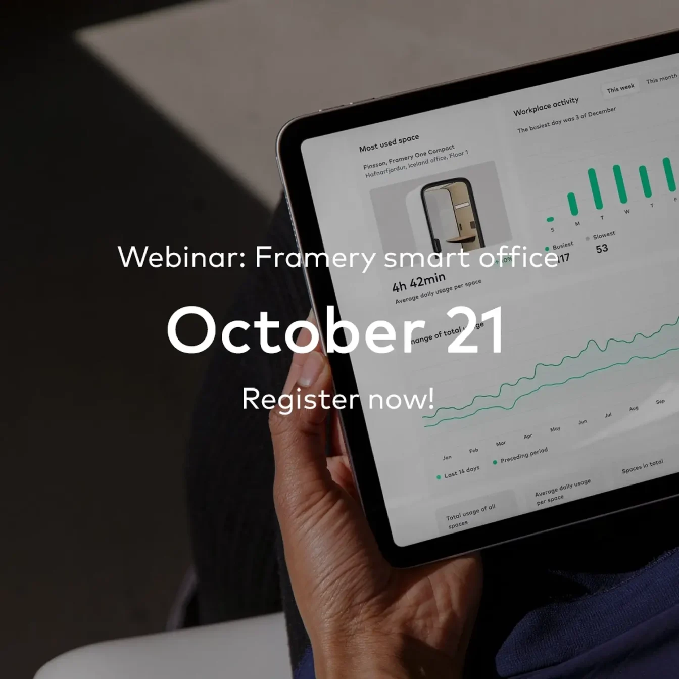 Tablet displaying charts and graphs held by a hand, overlaid with a webinar promo for October 21 and a Register now call to action.