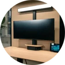 Wall-mounted flat-screen TV on a sand wall above a wooden desk, with a small shelf beneath and a pod touchscreen on the right.